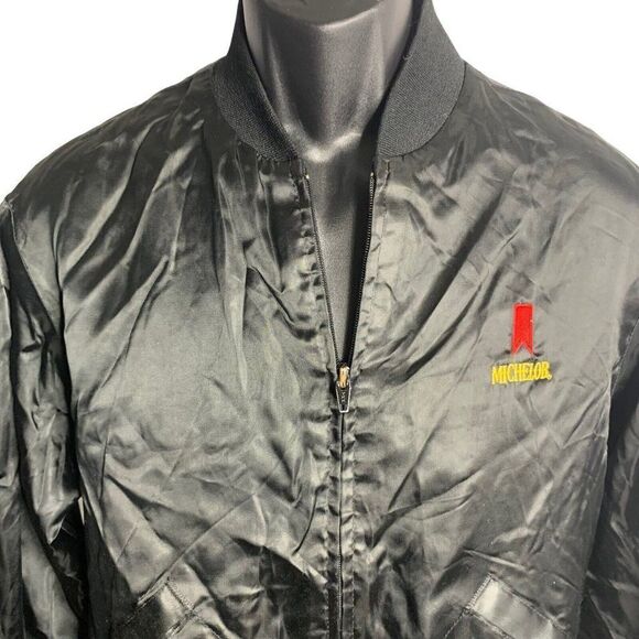 Vintage 80s Michelob Beer Satin Bomber Jacket M Black Full Zipper Pockets - Picture 2 of 6